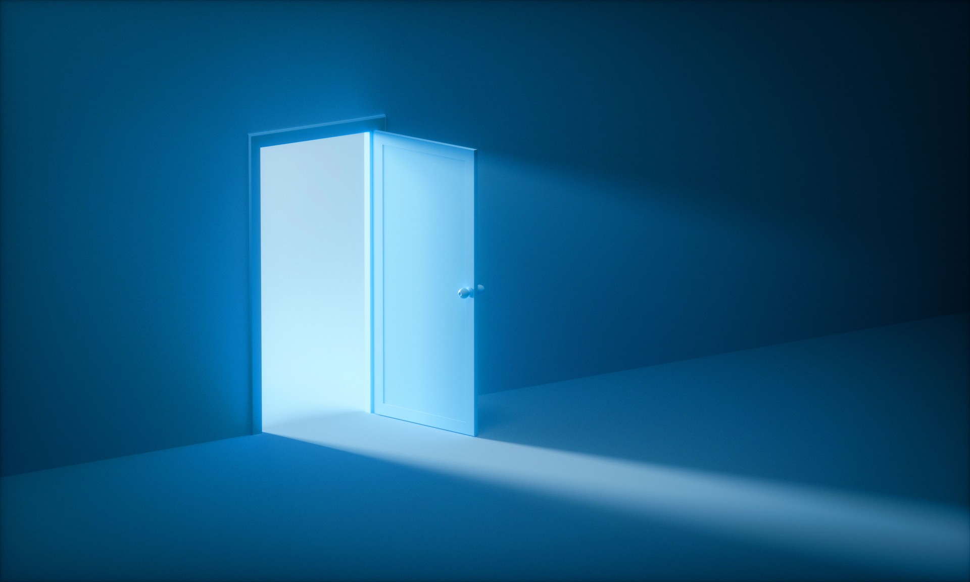 3D Light shines through the Open door, Concept of business opportunities, motivation, hope, overcome problems, and solution-finding. 3d rendering